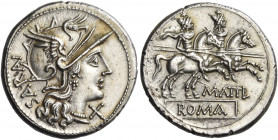 M. Atilius Saranus, 148 BC. Denarius (Silver, 19.5 mm, 3.97 g, 1 h), Rome. SAR(AN) Helmeted head of Roma to right; X below chin. Rev. M · ATIL / ROMA ...