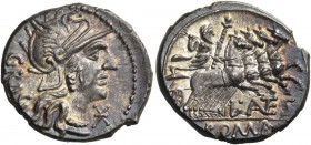 L. Antestius Gragulus, 136 BC. Denarius (Silver, 19 mm, 3.97 g, 5 h), Rome. GRAG Helmeted head of Roma to right; below chin, XVI monogram in ligature ...