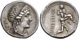 M. Herennius, 108-107 BC. Denarius (Silver, 18.5 mm, 3.78 g, 3 h), Rome. PIETAS Diademed head of Pietas to right; below chin to right, A. Rev. M· HERE...
