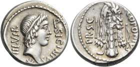 Q. Sicinius and C. Coponius, 49 BC. Denarius (Silver, 18 mm, 3.65 g, 6 h), mint travelling with Pompey in the East. Q.SICINIVS III VIR Diademed head o...