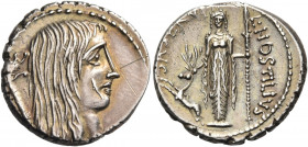 L. Hostilius Saserna, 48 BC. Denarius (Silver, 18 mm, 4.16 g, 7 h), Rome. Bare head of a Gallic woman to right, with long disheveled hair; behind, car...