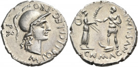 Cnaeus Pompeius Magnus (Pompey the Great), summer 46 - spring 45 BC. Denarius (Silver, 20 mm, 3.89 g), Cordoba, M. Poblicius, legatus pro praetore. M....