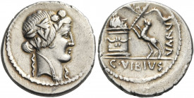 C. Vibius Varus, 42 BC. Denarius (Silver, 19 mm, 3.91 g, 4 h), Rome. Head of Bacchus to right, wreathed with ivy and grapes. Rev. C · VIBIVS / VARVS P...