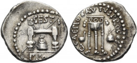 Brutus, 43-42 BC. Quinarius (Silver, 14 mm, 1.63 g, 12 h), military mint traveling with Brutus in southwestern Asia Minor, with the proquaestor L. Ses...