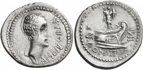 Cn. Domitius L.f. Ahenobarbus, 41 BC. Denarius (Silver, 20 mm, 3.69 g, 1 h), uncertain mint moving with Ahenobarbus along the Adriatic or Ionian coast...