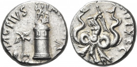 Sextus Pompey. Denarius (Silver, 15.5 mm, 3.83 g, 1 h), military mint in Sicily, 38-36 BC. MAG • PIVS • IMP ITER The Pharos of Messana surmounted by a...