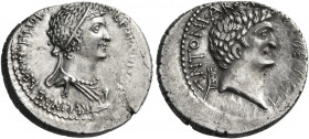 Mark Antony and Cleopatra, 34 BC. Denarius (Silver, 20 mm, 3.69 g, 1 h), Alexandria. CLEOPATRAE REGINAE REGVM FILIORVM REGVM Draped and diademed bust ...