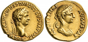 Claudius, with Agrippina Junior, 41-54. Aureus (Gold, 19.0 mm, 7.66 g, 7 h), Rome, 50-51. TI CLAVD CAESAR AVG GERM P M TRIB POT P P Laureate head of C...