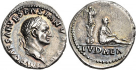 Vespasian, 69-79. Denarius (Silver, 19 mm, 3.13 g, 5 h), Rome, 21 December 69 - early 70. IMP CAESΛR VESPΛSIΛNVS ΛVG Laureate head of Vespasian to rig...
