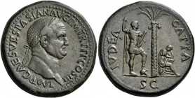 Vespasian, 69-79. Sestertius (Orichalcum, 34.5 mm, 30.40 g, 7 h), Judaea Capta issue, Rome, 71. IMP CAES VESPASIAN AVG P M TR P P P COS III Laureate h...