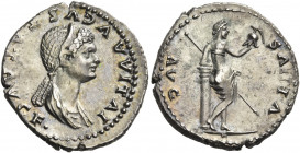 Julia Titi, Augusta, 79-90/1. Denarius (Silver, 21 mm, 3.40 g, 7 h), Rome, 80-81. IVLIA AVGVSTA T AVG F. Diademed and draped bust of Julia Titi to rig...