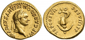 Domitian, 81-96. Aureus (Gold, 19 mm, 7.41 g, 12 h), Rome, 13 September - 31 December, 81. IMP CAES DOMITIANVS AVG P M Laureate head of Domitian to ri...