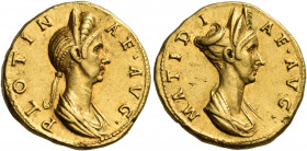 Plotina and Matidia, Augustae, 105-123 and 112-119. Aureus (Gold, 20 mm, 7.41 g, 7 h), Rome, 117-118. PLOTIN-AE AVG Draped bust of Plotina to right, w...