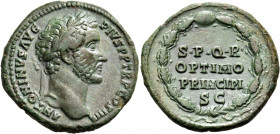 Antoninus Pius, 138-161. As (Copper, 27 mm, 11.01 g, 6 h), Rome, 147. ANTONINVS AVG PIVS P P TR P COS IIII Laureate head of Antoninus Pius to right. R...