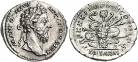 Marcus Aurelius, 161-180. Denarius (Silver, 18 mm, 3.27 g, 6 h), Rome, 177. M ANTONINVS AVG GERM SARM Laureate head of Marcus Aurelius to right. Rev. ...
