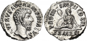 Lucius Verus, 161-169. Denarius (Silver, 18 mm, 3.31 g, 6 h), Rome, 163. L VERVS AVG ARMENIACVS Bare head of Lucius Verus to right. Rev. TR P III IMP ...
