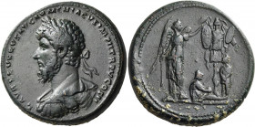 Lucius Verus, 161-169. Medallion (Bronze, 38 mm, 46.18 g, 11 h), Rome , 165. L AVREL VERVS AVG ARMENIACVS IMP II TR P V COS II, Laureate, draped and c...