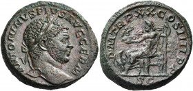 Caracalla, 198-217. As (Copper, 26 mm, 13.30 g, 1 h), Rome, 217. ANTONINVS PIVS AVG GERM Laureate head of Caracalla to right. Rev. P M TR P XX COS III...
