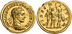 Elagabalus, 218-222. Aureus (Gold, 21 mm, 7.40 g, 12 h), Rome , 218-219. IMP CAES M AVR ANTONINVS AVG, Laureate, draped and cuirassed bust of Elagabal...