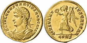 Constantius II, as Caesar, 324-337. Solidus (Gold, 20 mm, 4.38 g, 1 h), Constantinople, 335-336. FL IVL CONSTANTIVS NOB CAES Laureate, draped and cuir...