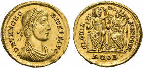 Theodosius I, 379-395. Medallion of 2 Solidi (Gold, 27 mm, 8.93 g, 12 h), Aquileia, c. 379. DN THEODO - SIVS P F AVG Pearl-diademed, draped and cuiras...