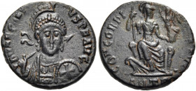 Arcadius, 383-408. Follis (Bronze, 15 mm, 2.29 g, 11 h), Antioch, Γ = 3rd officina, 401-403. D N ARCADI-VS P F AVG Diademed, helmeted and cuirassed bu...