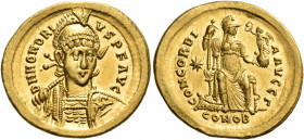 Honorius, 393-423. Solidus (Gold, 21 mm, 4.47 g, 6 h), Constantinople, Γ = 3rd officina, 395-402. D N HONORI-VS P F AVG Helmeted, diademed and cuirass...