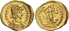 Theodosius II, 402-450. Tremissis (Gold, 15 mm, 1.54 g, 6 h), Constantinople, 408-420. D N THEODO-SIVS P F AVG Pearl-diademed, draped, and cuirassed b...