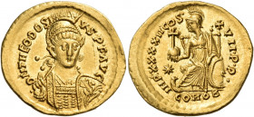 Theodosius II, 402-450. Solidus (Gold, 21 mm, 4.51 g, 6 h), Constantinople, 430-440. D N THEODOSI – VS P F AVG Helmeted, diademed and cuirassed bust o...