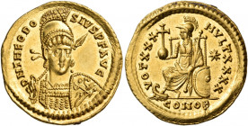 Theodosius II, 402-450. Solidus (Gold, 21 mm, 4.49 g, 6 h), Constantinople, 430-440. D N THEODO-SIVS P F AVG Pearl-diademed, helmeted and cuirassed bu...