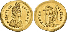 Aelia Pulcheria, Augusta, 414-453. Solidus (Gold, 21 mm, 4.49 g, 6 h), struck under her brother, Theodosius II, Constantinople, 423-425. AEL PVLCH-ERI...