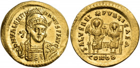 Valentinian III, 425-455. Solidus (Gold, 21 mm, 4.29 g, 6 h), Constantinople, Δ = 4th officina, 425-429. D N VALENTIN-IANVS P F AVG Pearl-diadmed, hel...