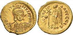 Anastasius I, 491-518. Solidus (Gold, 20.5 mm, 4.47 g, 7 h), Constantinople, I =10th officina, 498. D N ANASTA-SIVS P P AVC Helmeted and cuirassed bus...