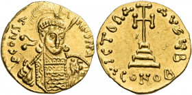 Constantine IV Pogonatus, 668-685. Solidus (Gold, 18 mm, 4.36 g, 6 h), Constantinople, B = 2nd officina, 681-685. P CONST-A-NUS P P A Helmeted, diadem...
