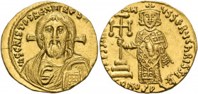 Justinian II, first reign, 685-695. Solidus (Gold, 19 mm, 4.46 g, 7 h), Constantinople, Θ = 9th officina, 692-695. IhS CRISTOS REX REGNANTIVM Draped b...