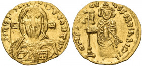 Justinian II, first reign, 685-695. Tremissis (Gold, 16 mm, 1.39 g, 6 h), Constantinople, 692-695. IhS ChS REX REGNANTIЧM Draped bust of Jesus Christ ...