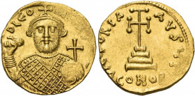 Leontius, 695-698. Solidus (Gold, 19.50 mm, 4.32 g, 6 h), Constantinople, Γ = 3rd officina. D LEO-N PE AV Crowned bust of Leontius facing, holding aka...