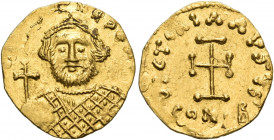 Leontius, 695-698. Tremissis (Gold, 16 mm, 1.35 g, 6 h), Constantinople. D LEON PP AV Crowned bust of Leontius facing, wearing loros, holding globus c...