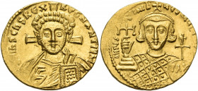 Justinian II, second reign, 705-711. Solidus (Gold, 20 mm, 4.44 g, 7 h), Constantinople, 705. d N IhS ChS REX REGNANTIUM Large draped bust of Christ f...