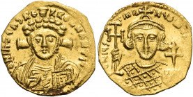 Justinian II, second reign, 705-711. Tremissis (Gold, 15.50 mm, 1.44 g, 6 h), Constantinople. d N IҺS CҺS REX REGNANTIЧM Draped bust of Christ facing,...