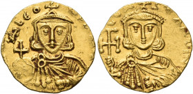 Leo III the "Isaurian", with Constantine V, 717-741. Tremissis (Gold, 16 mm, 1.42 g, 6 h), Constantinople, 732-c.737. [d N] D LEO-N P A MЧ[..] Crowned...