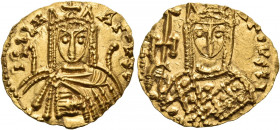 Irene, 797-802. Solidus (Gold, 19.5 mm, 3.77 g, 7 h), Syracuse, circa 797/8. IRIEN AΓOVST Bust of Irene facing, wearing chlamys and crown with pendili...