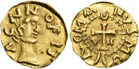 MEROVINGIANS. Acaunum - St. Maurice d'Agaune. After 630/635. Tremissis of 7 Siliquae (Gold, 15 mm, 1.73 g, 12 h), Romanus. ΛCΛVΝΟ FΙΤ Male head to rig...