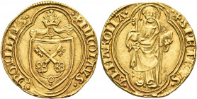 ITALY. Papal States. Nicolas V (Tommaso Parentucelli), 1447-1455. Ducato (Gold, 22 mm, 3.53 g, 2 h), Rome. •+ NICOLAVS • - • P P QVINTVS• Papal tiara ...