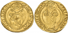 ITALY. Papal States. Paul II (Pietro Barbo), 1464-1471. Ducato (Gold, 24 mm, 3.52 g, 2 h), Spoleto. ·PAVLV'· II· PO - NT· MAX· AN· I· Tiara and crosse...