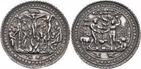 BOHEMIA, Erzgebirge. 1560. Medal (Silver, 59 mm, 44.76 g, 12 h), on the Crucifixion and the fall of Adam and Eve, Joachimstal, Nickel Milicz and his w...