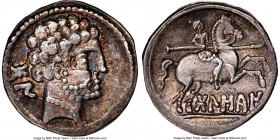 SPAIN. Bolscan (Osca). Ca. 2nd-1st centuries BC. AR drachm or denarius (19mm, 4.17 gm, 1h). NGC XF 5/5 - 4/5. Ca. 150-100 BC. BON (Iberian), bearded m...