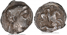 KINGDOM OF PAEONIA. Patraus (ca. 335-315 BC). AR tetradrachm (22mm, 12.44 gm, 8h). NGC XF 3/5 - 4/5. Laureate head of Apollo right, beardless and with...