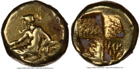 MYSIA. Cyzicus. Ca. 5th-4th centuries BC. EL 1/24 stater or myshemihecte (7mm, 0.65 gm). NGC VF 4/5 - 3/5. Dionysus reclining left on panther skin, wi...