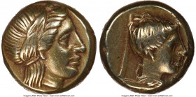 LESBOS. Mytilene. Ca. 377-326 BC. EL sixth-stater or hecte (10mm, 2.54 gm, 11h). NGC XF 4/5 - 4/5, die shift. Laureate head of Apollo right / Head of ...
